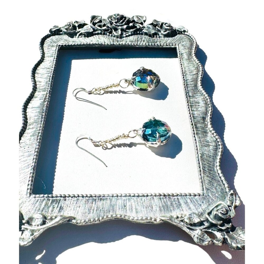 Artisan Aurora Borealis Crystal Dangle Earrings 925 Hooks & Silver/Tin Metalwork - Picture 10 of 17